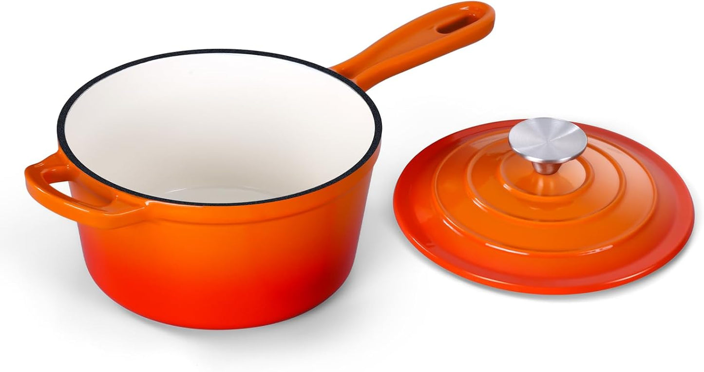 Enameled Cast Iron Sauce Pan Pot, Onader 1QT Saucepan with Lid, Small Enamel Dutch Oven Kitchen Cooking Pot – Sunset Orange