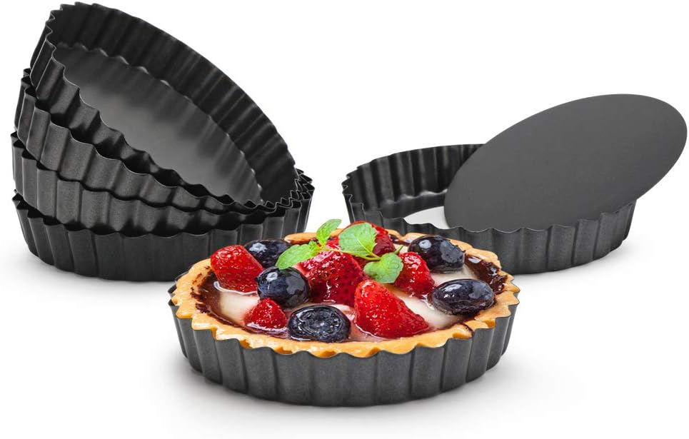 Beasea 4 Inch Mini Quiche Pan Set of 6, Non-Stick Tart Pan with Removable Bottom Round Mini Pie Pans for Oven Baking, Quiche Cheese Cakes
