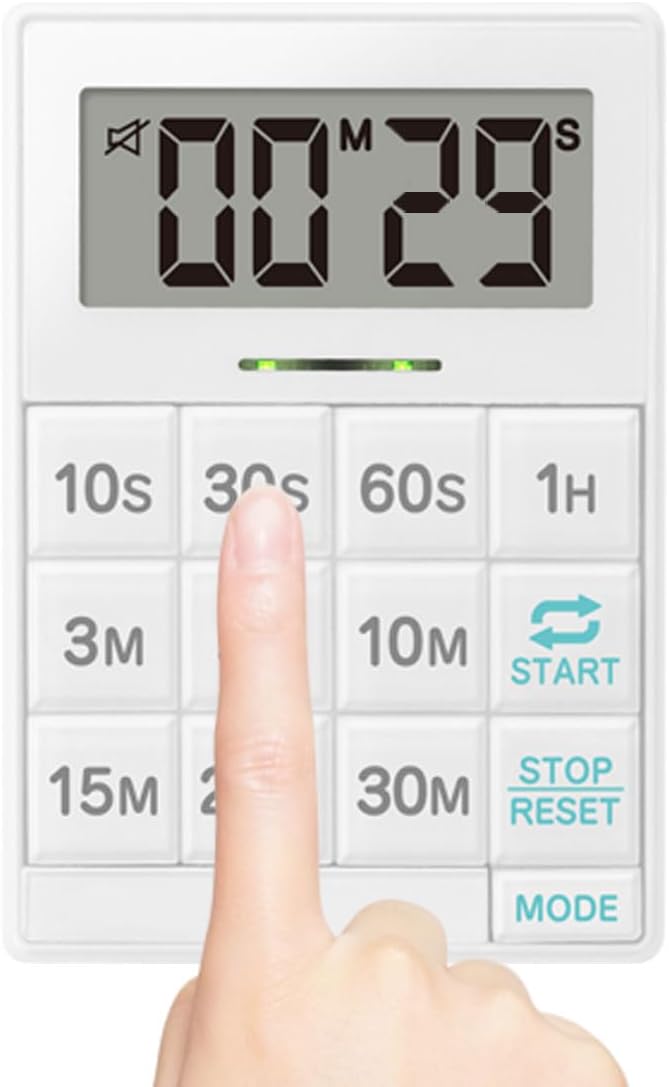 dretec One-Push Timer, Just Press, Easy, Time Saving, Interval, Silent, Kitchen Timer, Digital, Magnet, Stand, Light, Study, Muscle Training, Sports, White