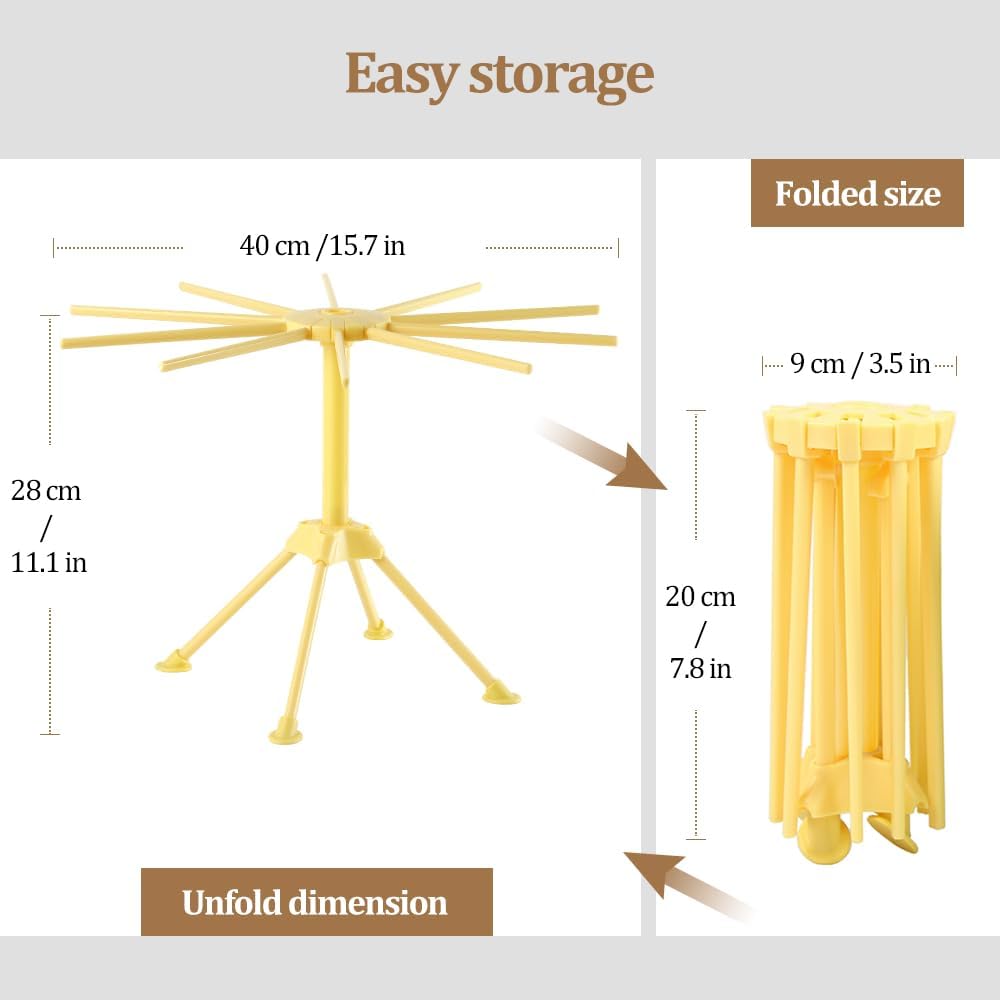 Ourokhome Collapsible Pasta Drying Rack, Plastic Foldable Homemade Fresh Spaghetti Stand Dryer Noodle Hanger for Kitchen with 10 Arms, Stable, Easy Storage, Quickly Set Up (Yellow)