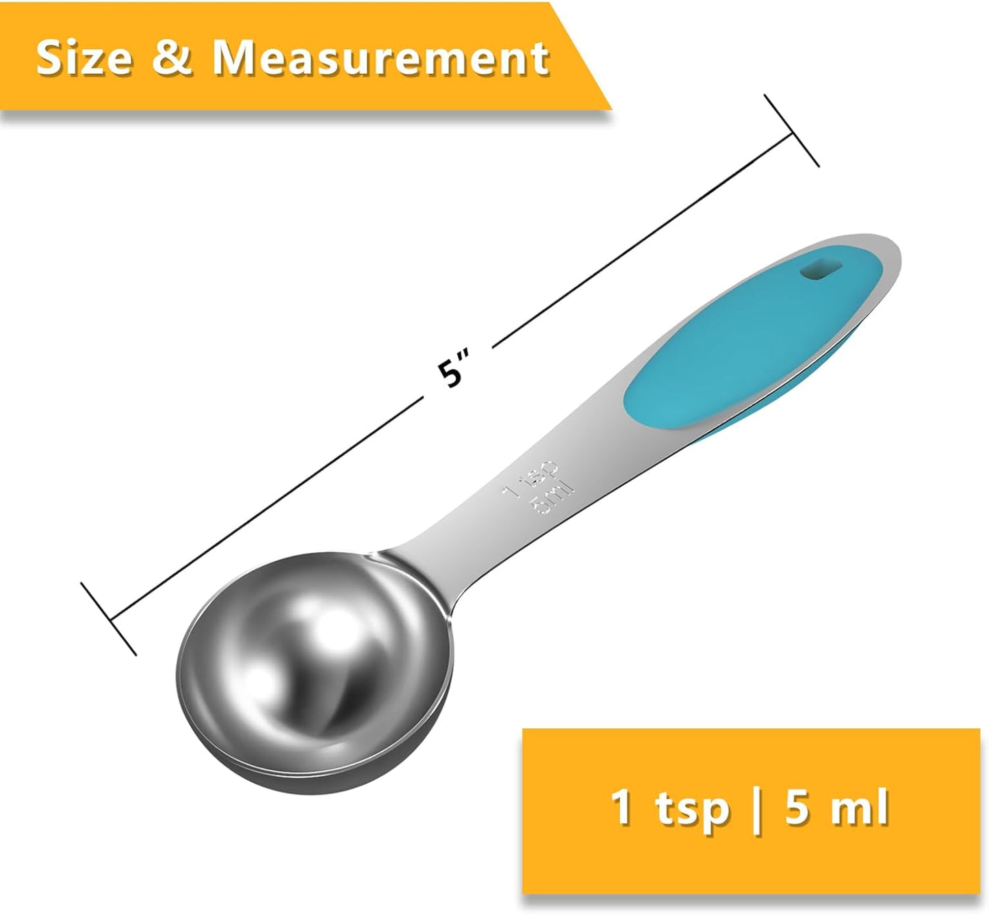 2PCS 1 Tsp(1/3tbsp, 1/6oz, 5ml) Single Measuring Spoon with Blue Silicone Grip, Stainless Steel Individual Measure Scoop Only