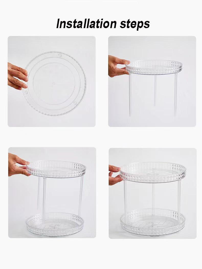 2 Tier Clear Lazy Susan Organizer for Fridge and Cabinet, 360° Rotating Makeup Organizer, Cosmetic Display Cases, Under Sink Turntable Organizer for Kitchen Bathroom Dorm