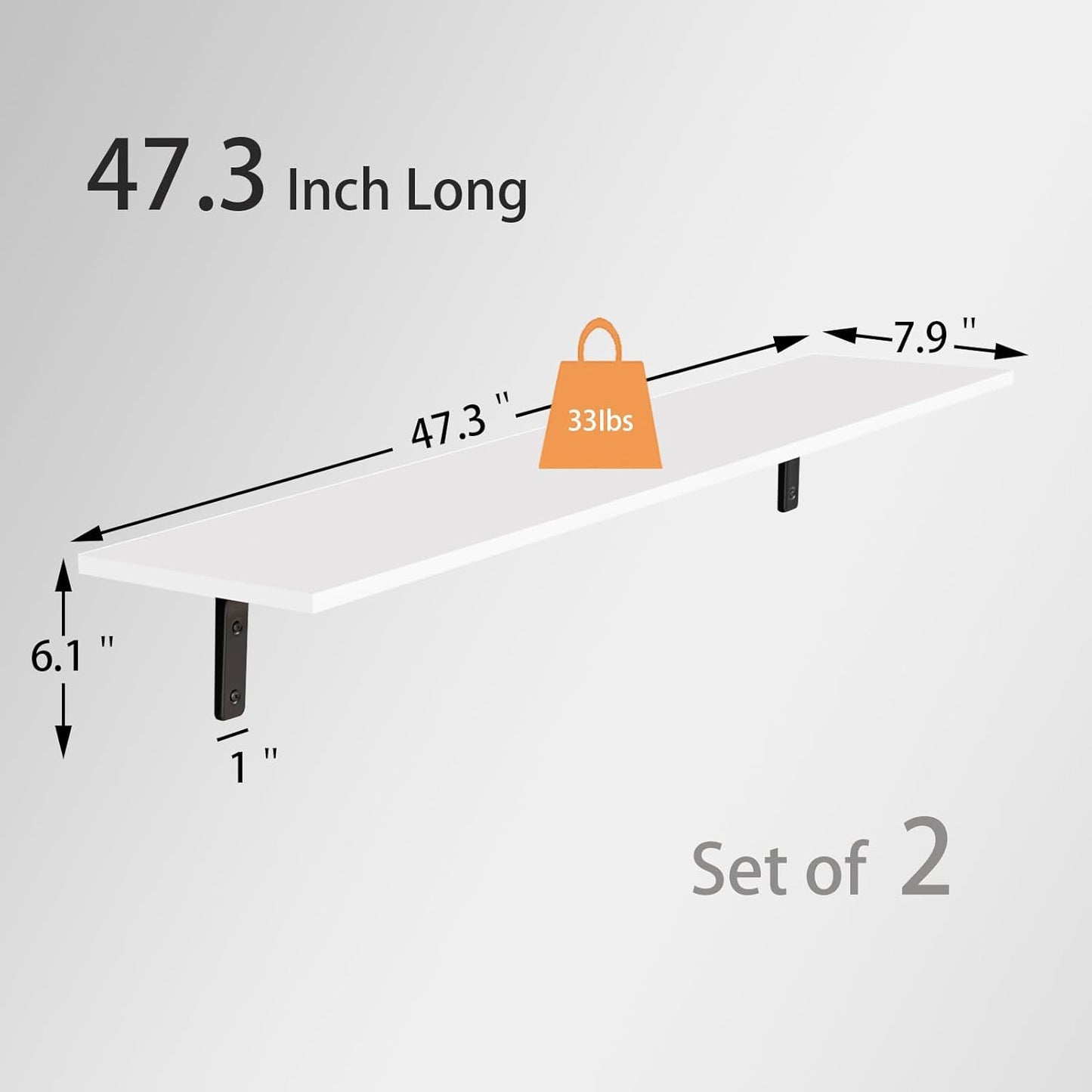 DINZI LVJ Long Wall Shelves, 47.3Inch Wall Mounted Shelves Set of 2, Extra Large Wall Storage Ledges with Sturdy Metal Brackets for Living Room, Bathroom, Bedroom, Kitchen, White