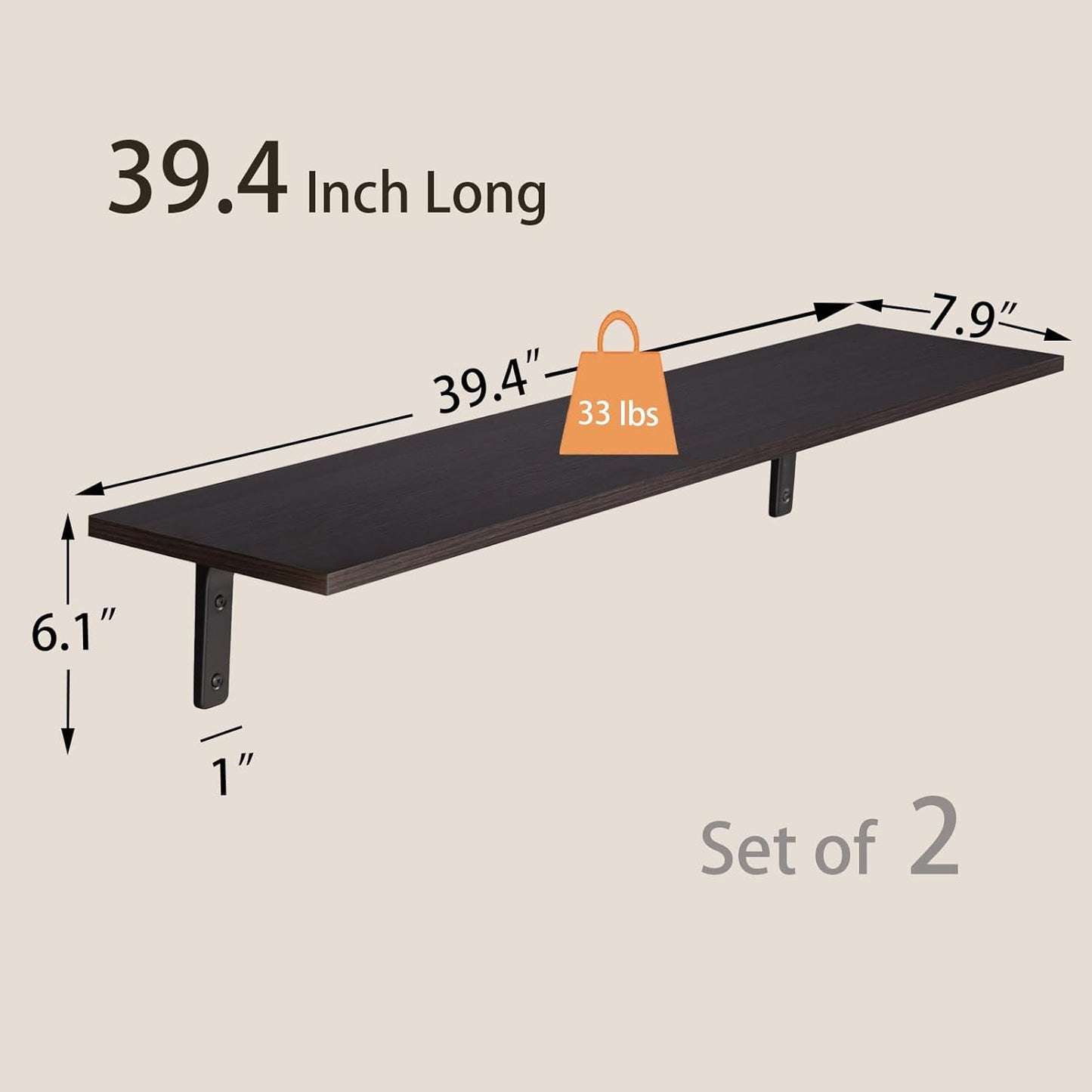 DINZI LVJ Long Wall Shelves, 39.4Inch Wall Mounted Shelves Set of 2, Extra Large Wall Storage Ledges with Sturdy Metal Brackets for Living Room, Bathroom, Bedroom, Kitchen, Espresso