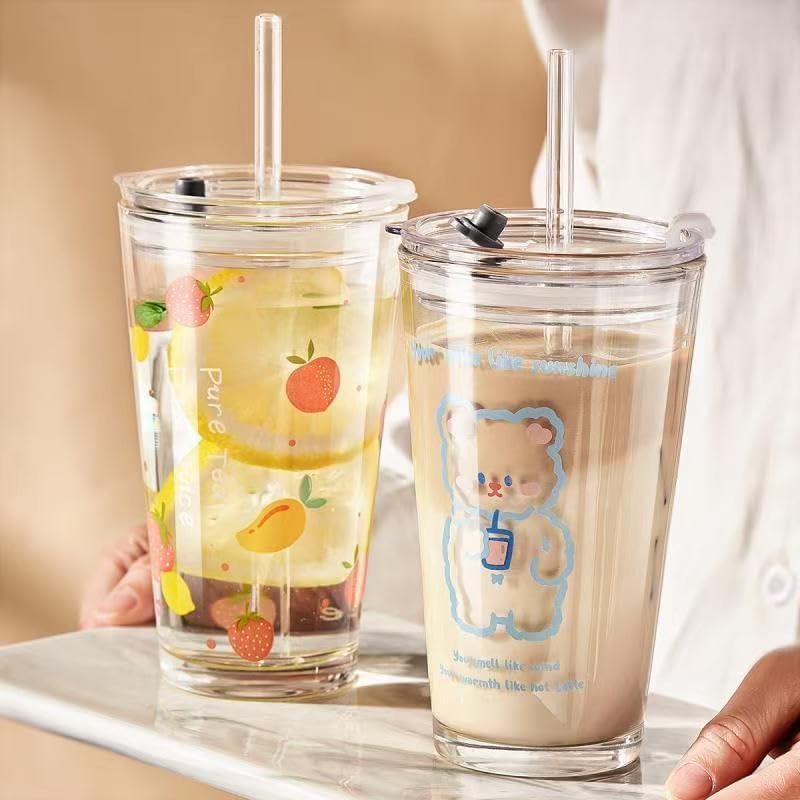 16 Pack Reusable Glass Straws,SIZE(8.5''x10 MM)，Set of 6 Straight and 6 Bent with 4 Cleaning Brush,Perfect for Smoothies,Tea, Juice