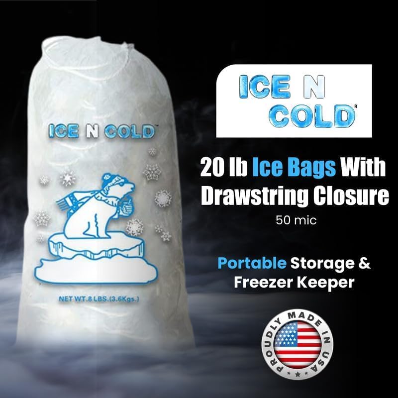 Ice Bags with Drawstring Closure | 20lb, 500ct/cs | 50 mic Thickness | Portable Storage and Freezer Keeper