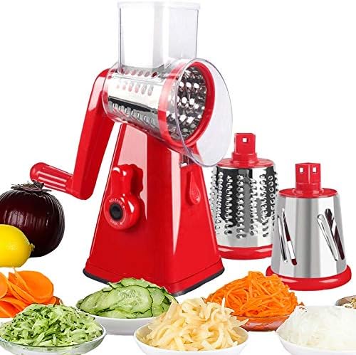 Manual Rotary Potato Grater Kitchen Mandoline Vegetable Slicer，with 3 Interchangeable Blades，Easy to use (Red)