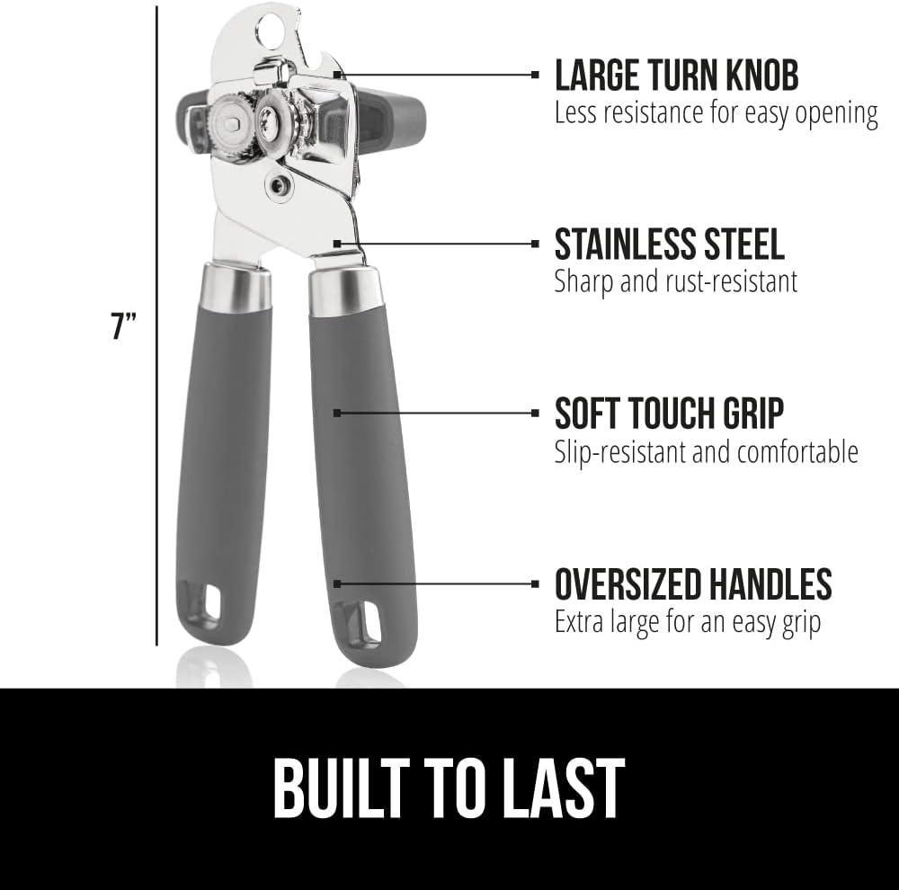 GORILLA GRIP Heavy Duty Stainless Steel Smooth Edge Manual Can Opener and Bottle Openers, Soft Comfortable Handle, Oversized Handheld Turn Knob, US Designed Multifunctional Kitchen Tool, Gray