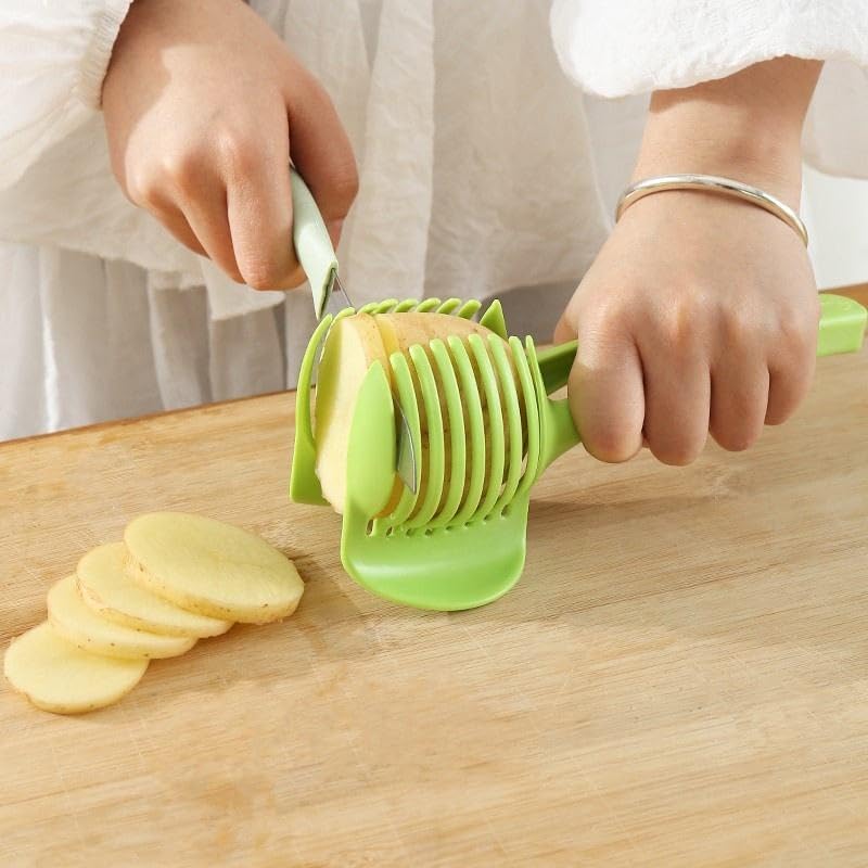 Multipurpose Handheld Vegetable & Fruit Slicer – BPA-Free Cutter Tool for Tomato, Lemon, Egg, Onion – Compact Kitchen Cutting Aid Gadget for Even Slices, Non-Slip Grip (Green)