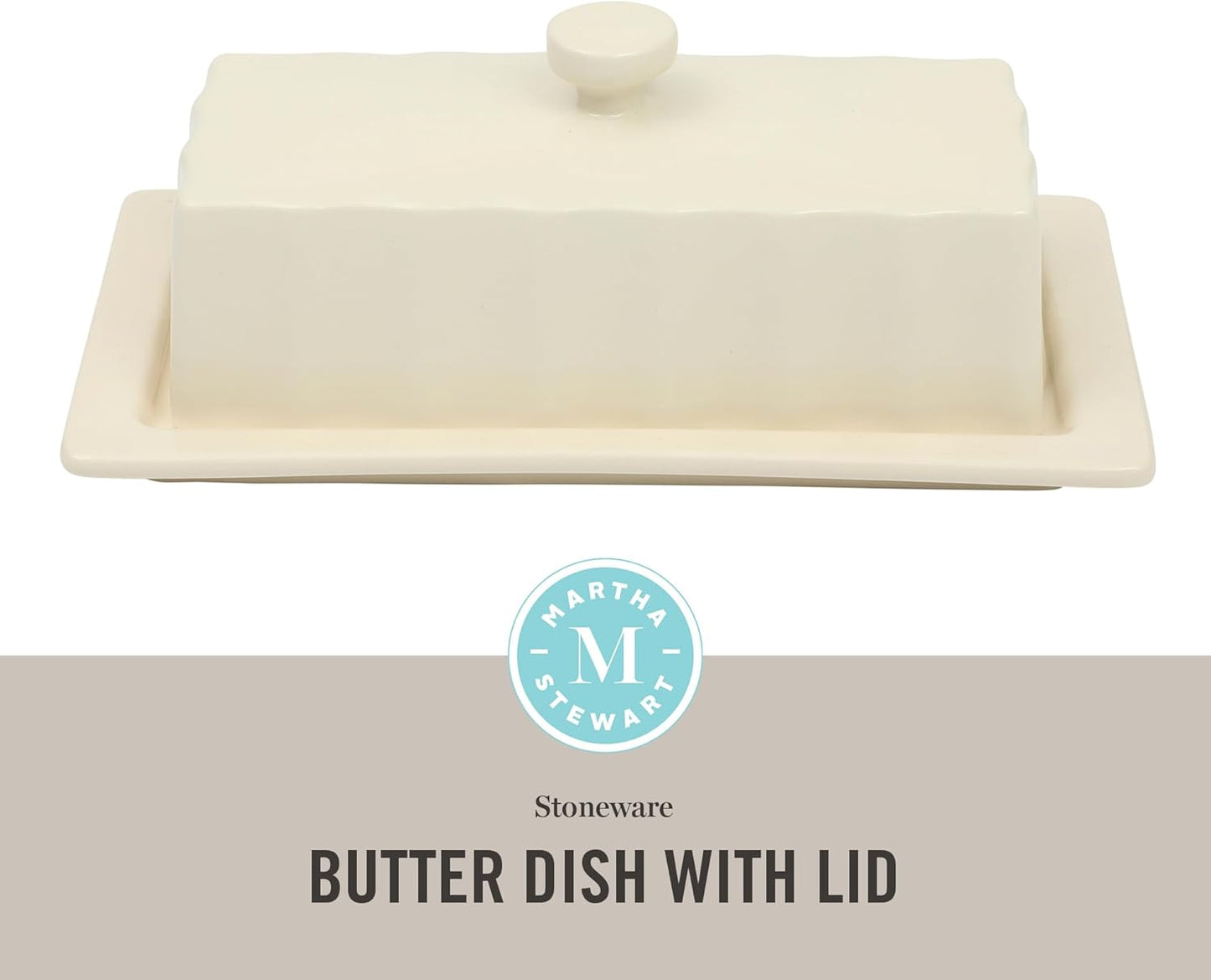 Martha Stewart Broadbrook Stoneware Butter Dish with Lid, Rectangular Covered Butter Keeper, 8.1 x 4.4 x 3 Inches, Classic Cream Glaze, Dishwasher Safe Ceramic Storage for Counter or Table