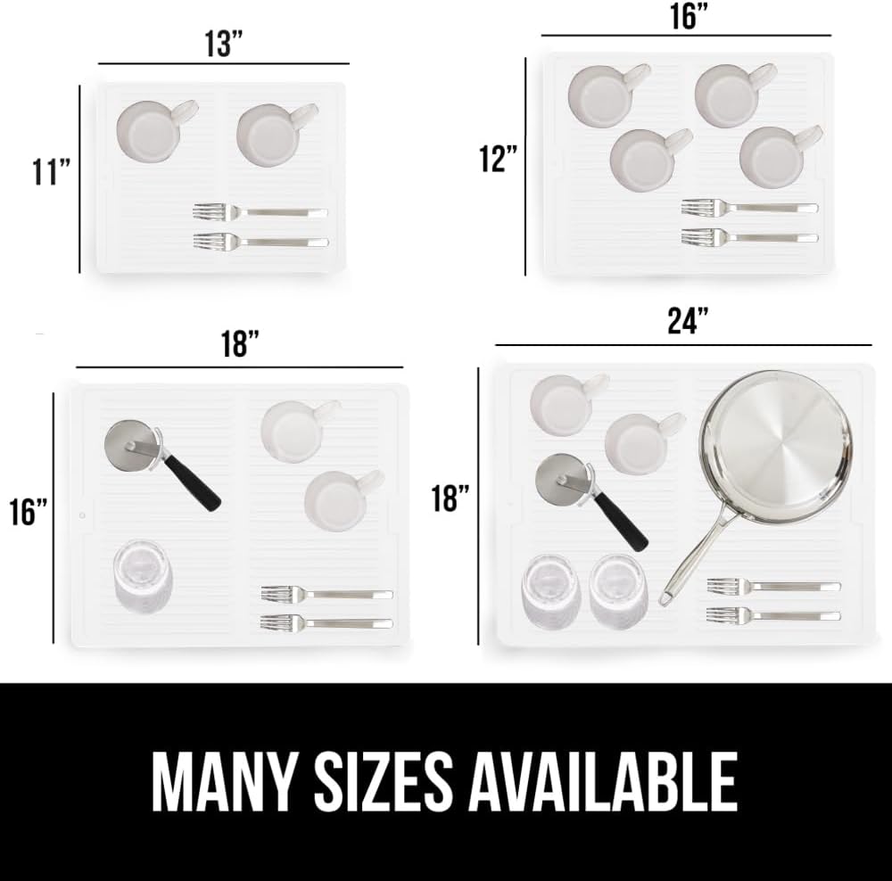 GORILLA GRIP 100% BPA-Free Patented Silicone Dish Drying Mat for Kitchen Counter, Water Catching Ribbed Design, Easy Clean Waterproof Sink Liner, Heat Resistant, Fits Under Rack, 16x12 Inch, White