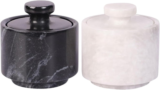 Marble Salt Cellar With Lid- Pack Of 2 Marble Salt And Pepper Bowls- Salt Holder With Lid To Put Salt, Paprika, Pepper, And Spice (White & Black, Style 01)