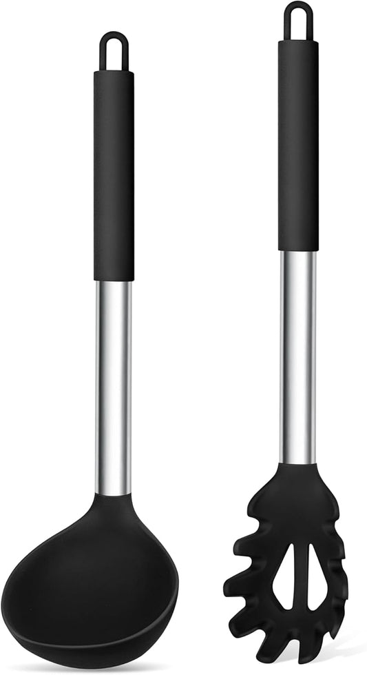 TeamFar Silicone Pasta Fork and Ladle Spoon Set, 2 Pcs Large Nonstick Kitchen Utensils with Stainless Steel Handle for Cooking, Draining, Serving Soup, Sauce, Spaghetti, Healthy & Heat-Proof, Black