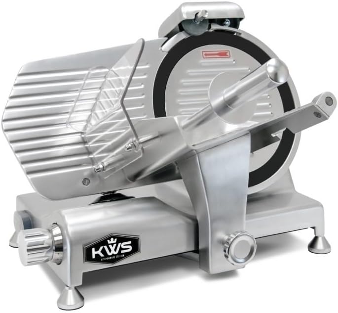 KWS Metal Collection MS-10DT Commercial 320W 10-Inch Meat Slicer Anodized Aluminum Base with Teflon Blade + Blade Removal Tool, Frozen Meat/Cheese/Food Slicer Quiet [ ETL, NSF Certified ]