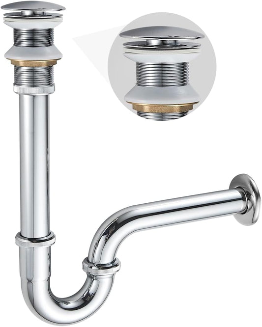U-Shape Bottle Trap for Bathroom Sink, 1-1/4 P-trap Slip Inlet Drain Complete Kit, Lavatory Sink Stopper Set Without Overflow, Chrome