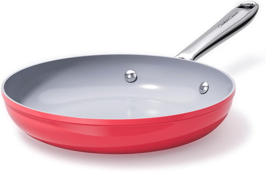Nonstick Ceramic Frying Pan 8 Inch for Induction Cooktop - Non Toxic, PTFE/PFOA/PFAS Free, Oven & Dishwasher Safe up to 500°F - Non Stick Egg Skillet with Stay-Cool Handle - Fusion Red