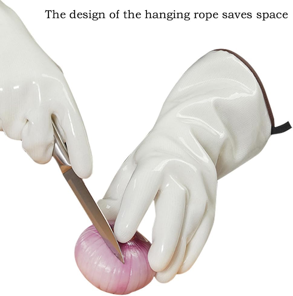 Silicone BBQ Gloves, Oven Gloves with Fingers 932°F Heat Resistant, Kitchen Waterproof Hot Proof Glove for Fryer, Smoker, Baking, Cooking (White, L)