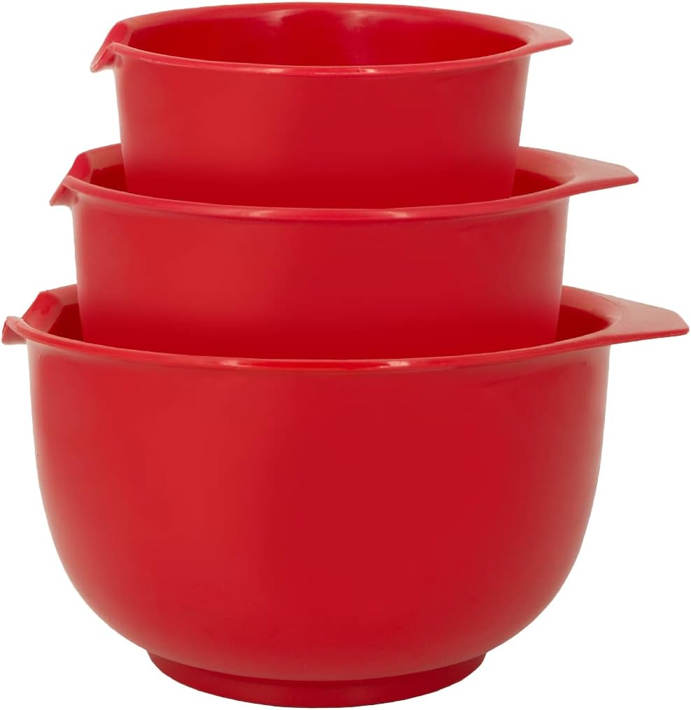 GLAD Mixing Bowls with Pour Spout, Set of 3 | Nesting Design Saves Space | Non-Slip, BPA Free, Dishwasher Safe Plastic | Kitchen Cooking and Baking Supplies, Red