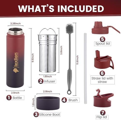 Lexlion 22 Oz Triple Walled Insulated Stainless Steel Fruit Infuser Water Bottle, 3 Lids, Silicone Sleeve, Leakproof, Dishwasher Safe