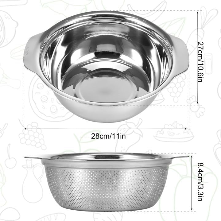 Stainless Steel Microporous Colander for Kitchen, 4.5QT Large Capacity, Colander and Bowl Set of Two, Stainless Steel Drain Basket with Mixing Bowl, for Washing Fruits and Vegetables (11×10.6inch)