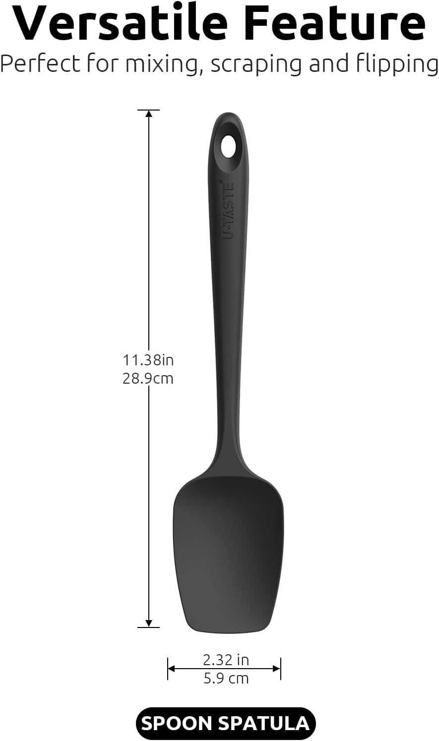 U-Taste Silicone Spoon Spatula Set: 480ºF Heat Resistant Food Grade Flexible Rubber Spoonula, Nonstick Cooking Mixing Scooping Kitchen Baking Scraper Utensils Set of 3 for Pan, Pot, Bowl (Black)