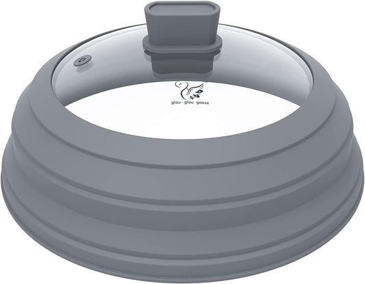 Microwave Splatter Cover Glass Splatter Guard Lid with Collapsible Silicone for Food Pot Plate Cover 10.8 inch Light Grey