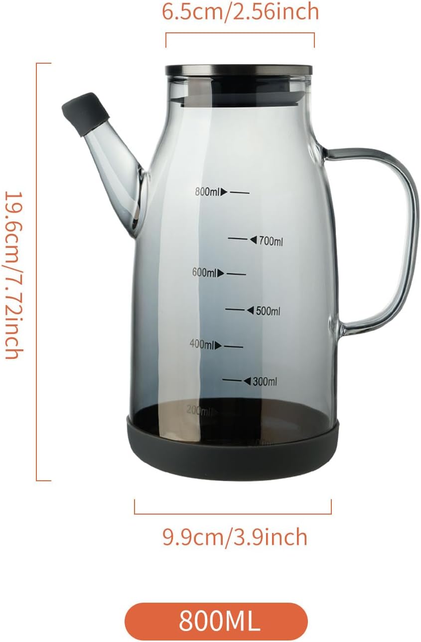 Large Glass Oil Dispenser Bottle for Kitchen Cooking Recipiente Para Aceite De Cocina Olive Oil Vinegar Dispenser Cruet Stainless Steel Lid No Drip Liquid Container (Grey, 27oz / 800ml)