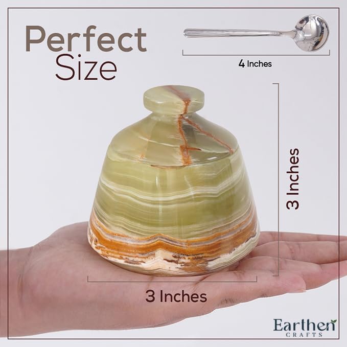 Marble Salt Cellar With Lid Green 3" Inches Salt Holder Seasoning & Spice Jar with Spoon Container, Modern Salt Keeper for Kitchen Countertop