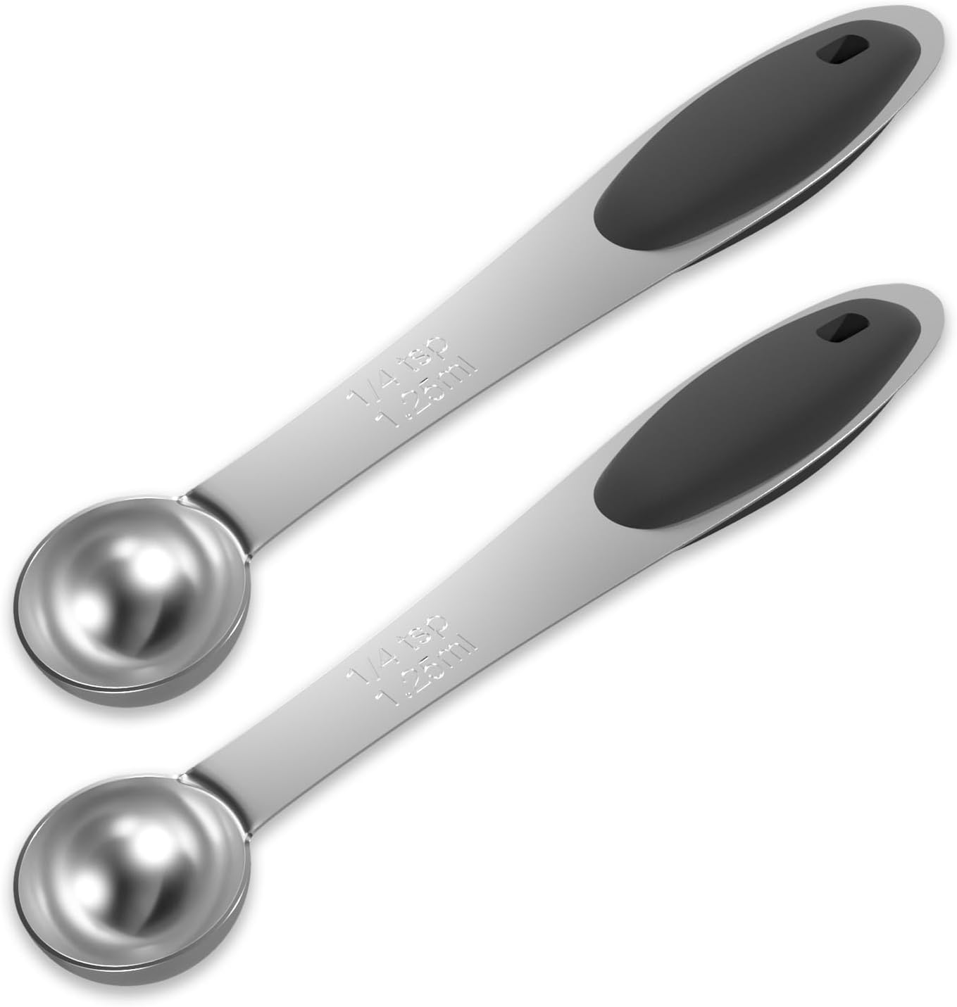 2PCS 1/4 Tsp(1.25ml) Single Measuring Spoon with Black Silicone Grip, Stainless Steel Individual Measure Scoop Only