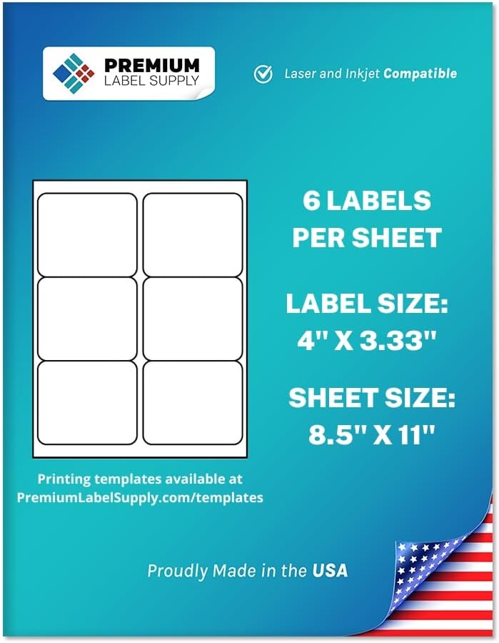 Premium Label Supply White Sticker FBA Labels – 4" x 3.33" – Laser/Inkjet Compatible – (6 per Sheet), 100 Sheets - 600 Total Adhesive Labels
