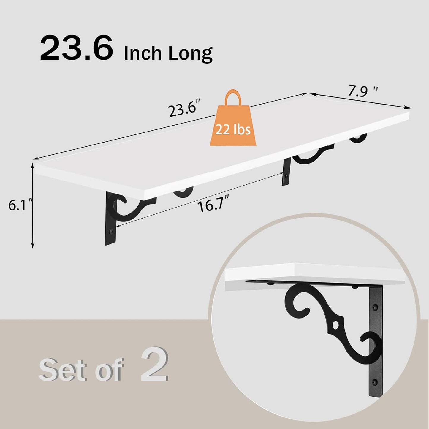 DINZI LVJ Long Wall Shelves, 23.6 Inch Large Floating Shelves Set of 2, Wide Display Shelf Wall Mounted with Brackets, Easy Hanging for Living Room, Toilet, Office, Bedroom, White