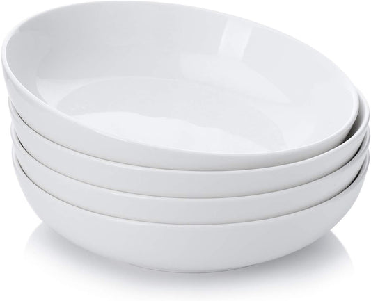 Teocera Pasta Bowls, Large Salad Bowls, Porcelain Bowl Set, Wide and Shallow, Microwave and Dishwasher Safe, 35 Ounce - Set of 4, White