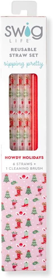 Swig Life Reusable Straws Howdy Holidays + Red Glitter Tall Straw Set & Cleaning Brush, Each Straw is 10.25 inch Long (Fits Swig Life 20oz Tumblers, 22oz, and 32oz Tumblers)