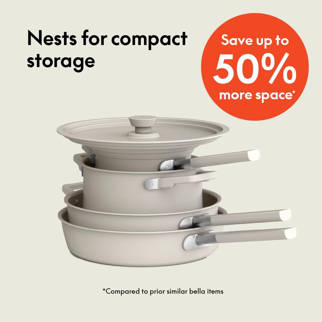 bella 9 Piece Ceramic Nonstick Cookware Set, Fits-anywhere™ Kitchenware w EverGood™ Coating, Dishwasher & Oven Safe, All Stovetops Compatible, Stackable Design, Cool Touch Handles, Oatmilk