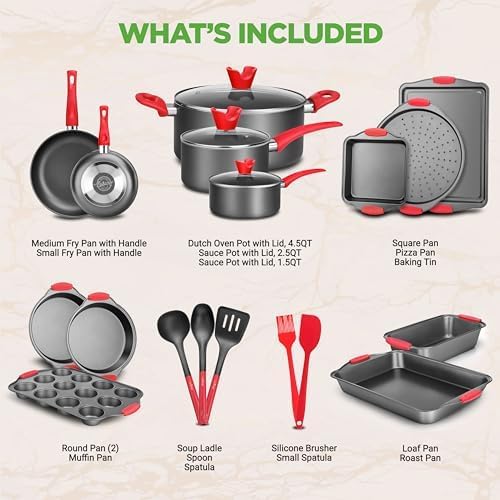 NutriChef 21-Piece Nonstick Cookware Set - PTFE/PFOA/PFOS Free Heat Resistant Lacquer Kitchen Ware Pots Pan w/ Cool-Touch Handles, Saucepan, Fry Pans, Lid, Bakeware, For Gas Electric Ceramic Cooktops