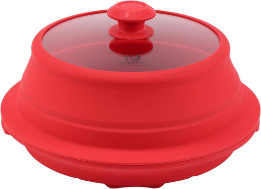 Microwave Splatter Silicone Cover Collapsible Steamer, Vented Multifunction Splash Lid with Glass Dish Bowl Plate for Food Cooking Bacon Maker, Dishwasher Safe BPA-Free 10.5 inch Cookware Set