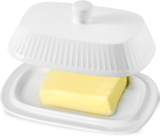 Hasense Porcelain Butter Keeper, Butter Dish with Lid, Large Butter Containe with Cover, Butter Holder for West East Coast Butter, Kitchen Decor, Housewarming Gift, White