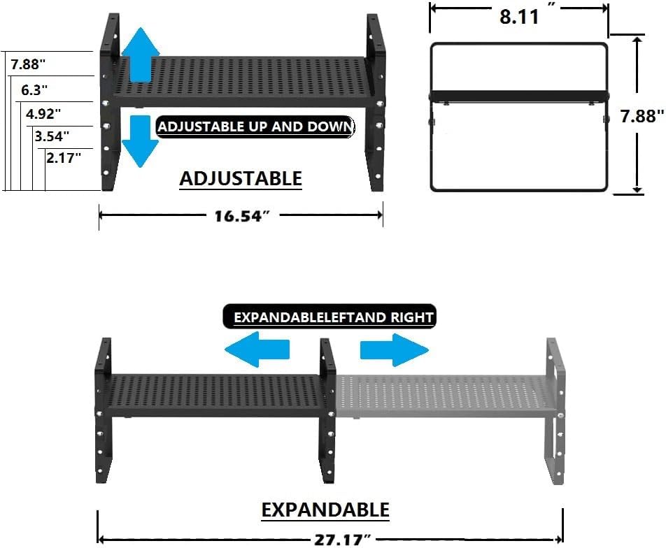 Expandable Shoe Rack Stackable Metal Pantry Storage Shelves Stand Adjustable Height Cabinet Shelf Organizer Racks Spice Shelving(2PACKS/BLACK,MEDIUM)