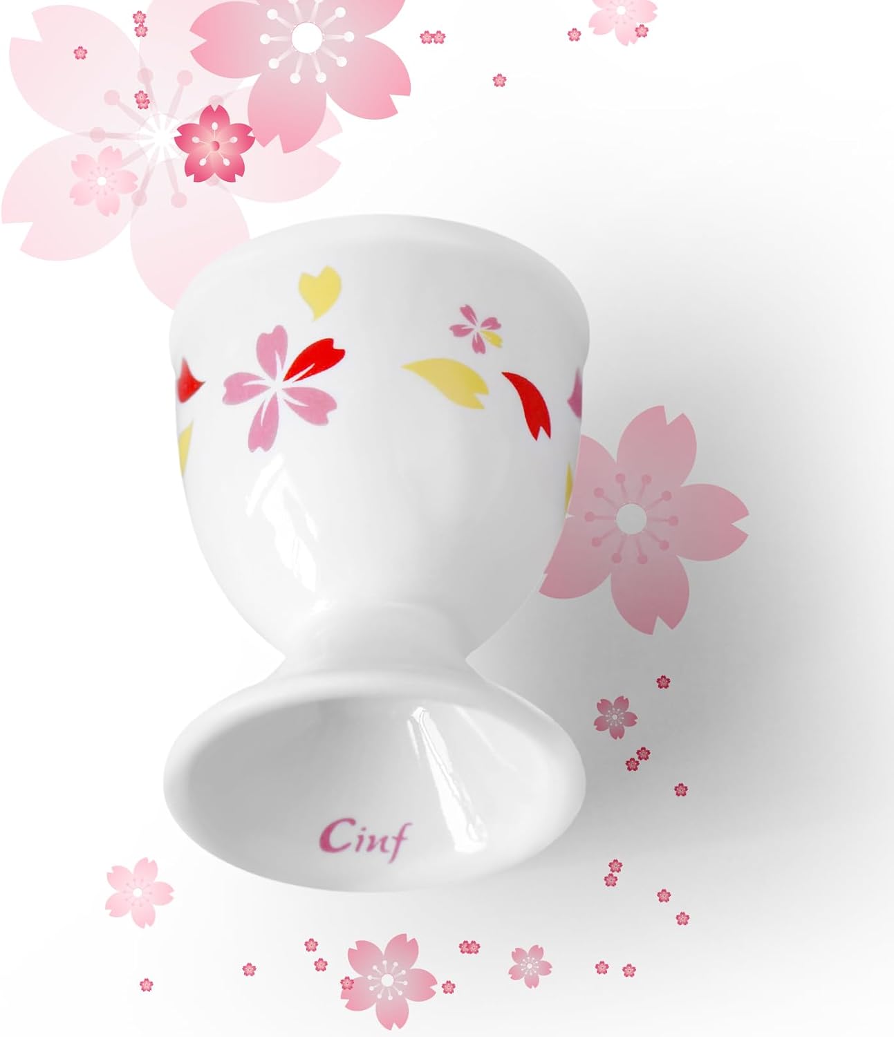 Cinf Sakura Ceramic Egg Cups & Cracker Set | Set of 4 Ceramic Egg Cups + 4 SS Spoons + 1 Egg Topper Breakfast Boiled Cooking Easy to Clean Childhood Memories Kitchen