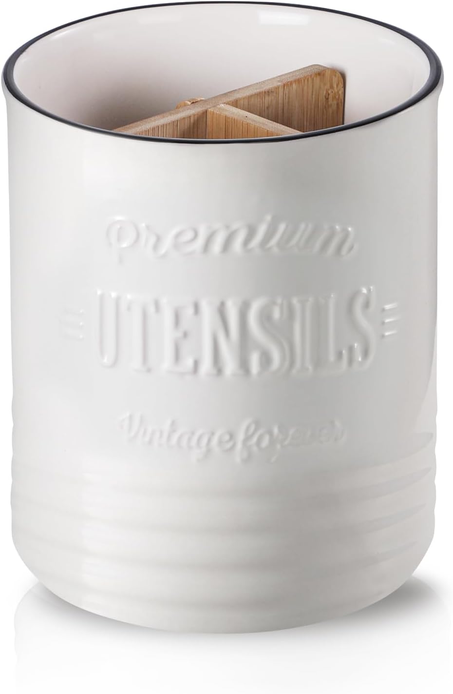 DOWAN 3 Compartment Kitchen Utensil Holder, 7.2″ Extra-Large Ceramic Stable Utensil Caddy, Rustic Cooking Utensil Crock for Farmhouse Kitchen Décor, Utensil Holder for Countertop