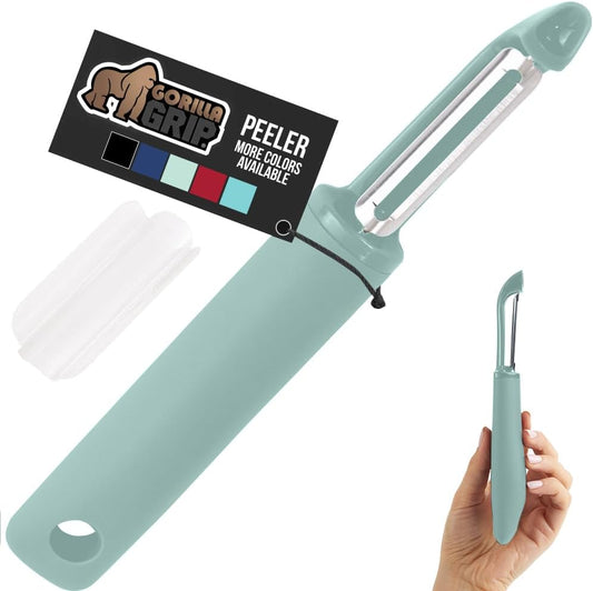 GORILLA GRIP Patented BPA-Free Sharp Stainless Steel Swivel Vegetable Peeler, Comfortable Handle Potato Peelers, Smooth Peeling, Peel Carrots Apple, Includes Blade Cover, Kitchen Tool, Mint