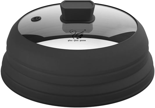 Microwave Splatter Cover Glass Splatter Guard Lid with Collapsible Silicone for Food Pot Cover Plate Cover 10.8 inch Black