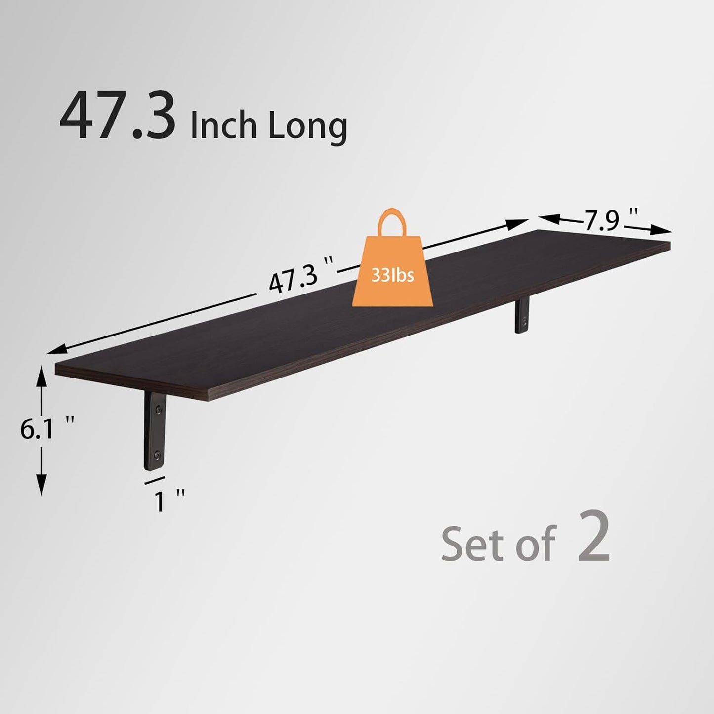 DINZI LVJ Long Wall Shelves, 47.3Inch Wall Mounted Shelves Set of 2, Extra Large Wall Storage Ledges with Sturdy Metal Brackets for Living Room, Bathroom, Bedroom, Kitchen, Espresso