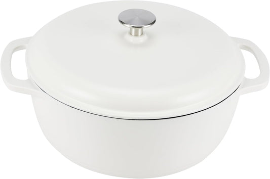 Amazon Basics Cast Iron Dutch Oven Pot with Lid, Enameled, Round, Dual Handles, Heavy-Duty, Medium, 6-Quart, Matte White