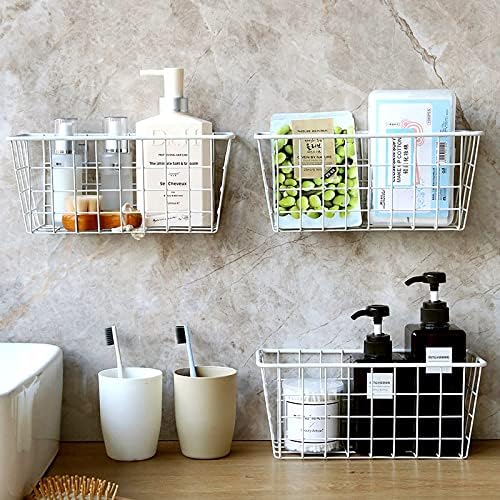 LeleCAT Hanging Kitchen Baskets For Storage Adhesive Sturdy Small Wire Storage Baskets No Drilling Wall Mounted Kitchen Food Pantry Bathroom Shelf Storage, 4 PACK,White