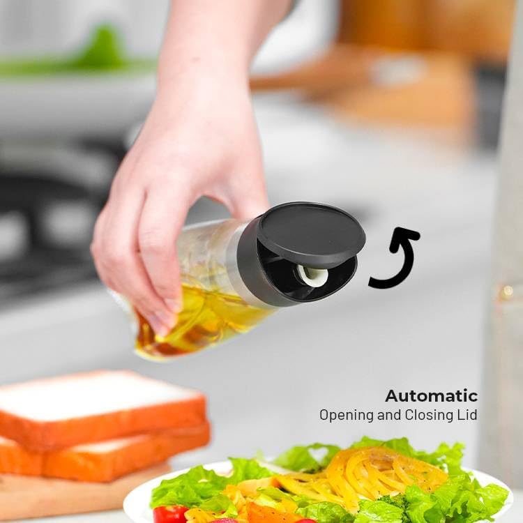 Premium Glass Olive Oil and Vinegar Dispenser Bottles Set, 2-Piece Kitchen Cooking Cruet with Auto-Open Lid, Non-Drip Pouring Spout, Oil Infuser Filter, Dishwasher Safe (Black 16oz)