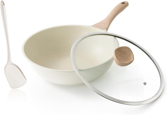 Nonstick Wok with Lid, 12 Inch Woks & Stir-fry Pans, Healthy Coating Induction Cookware, Compatible with All Stovetops, PFOA Free (Cream White)