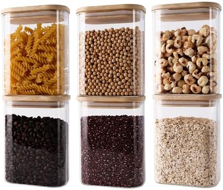 Glass Storage Jars with Airtight Bamboo Lids - Stackable Kitchen Canisters for Candy, Cookies, Rice, Sugar, Flour, Pasta