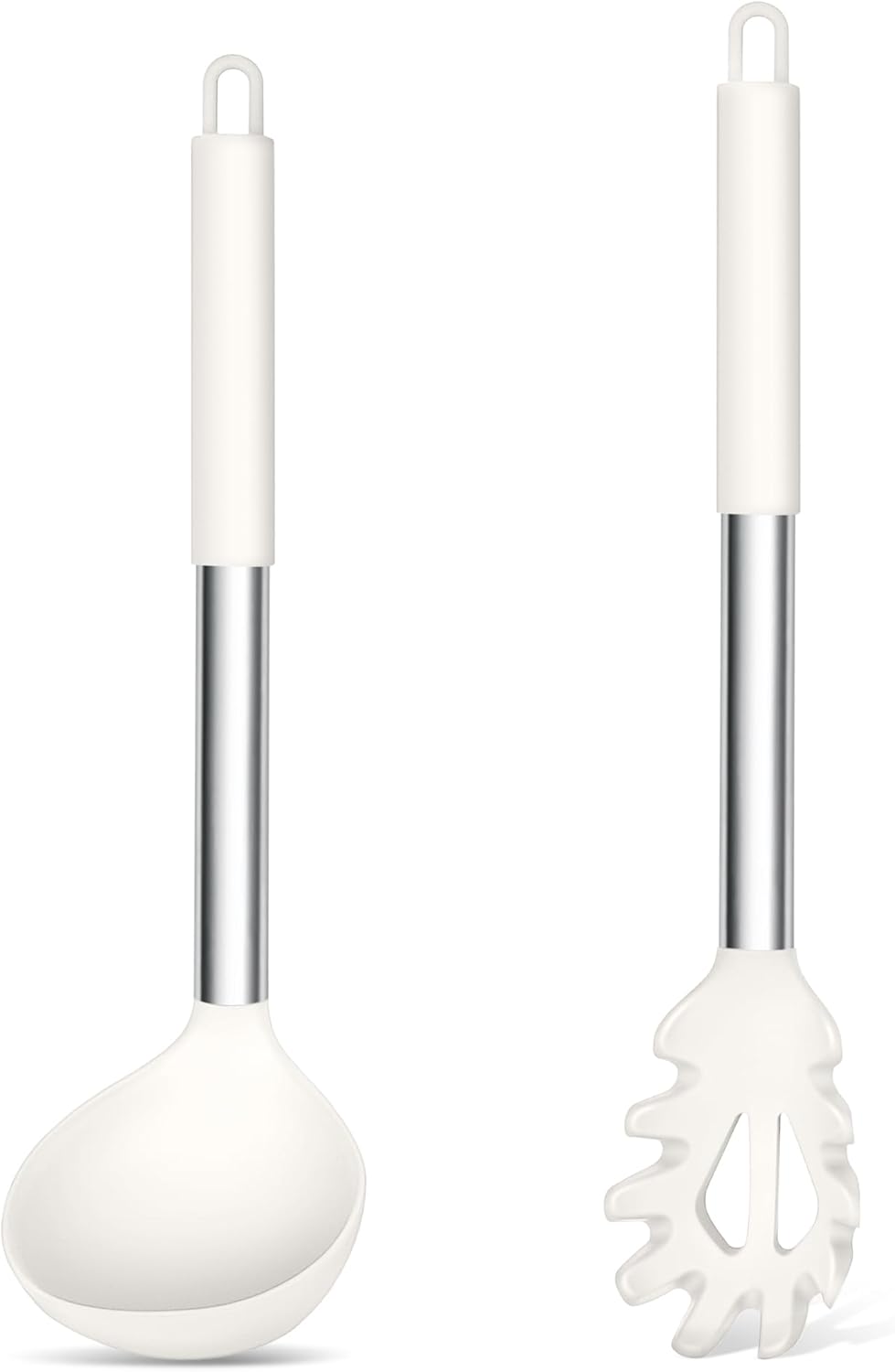 TeamFar Silicone Soup Ladle and Pasta Fork Set, 2 Pcs Large Nonstick Kitchen Cooking Utensils with Stainless Steel Handle for Draining, Serving Soup, Sauce, Spaghetti, Non-Toxic & Heat-Proof, White