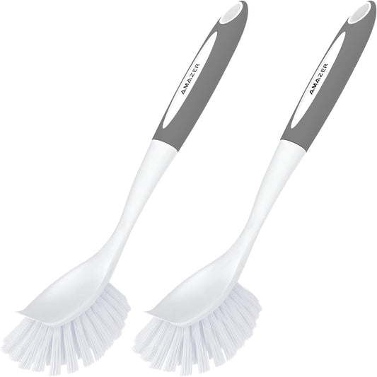 Amazer Dish Brush with Handle, 2 Pack Kitchen Scrub Brushes for Cleaning, Dish Scrubber with Stiff Bristles for Sink, Pots, Pans (Grey+Grey)